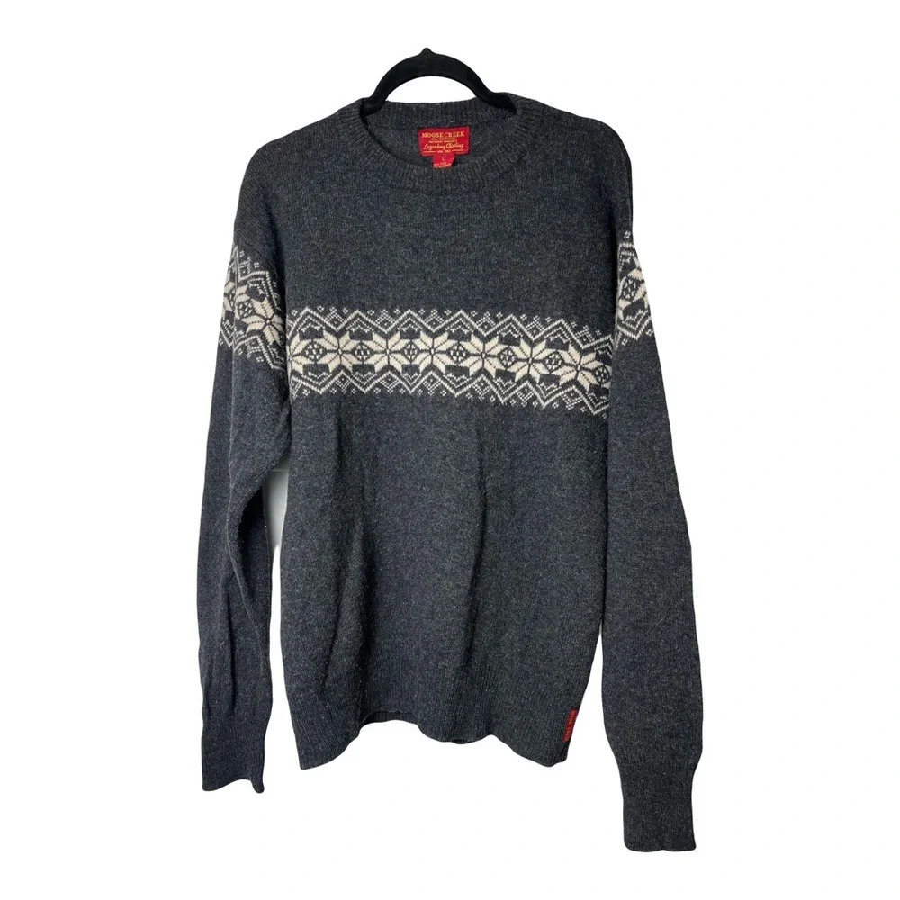 Moose Creek | Gray Wool Nordic Fair Isle Classic Crewneck Sweater, Men’s Large